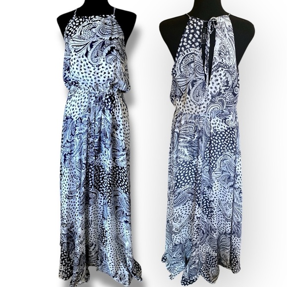 VICI Blue Paisley Scarf Maxi Dress Keyhole Back Halter Tie NWOT - Picture 1 of 8